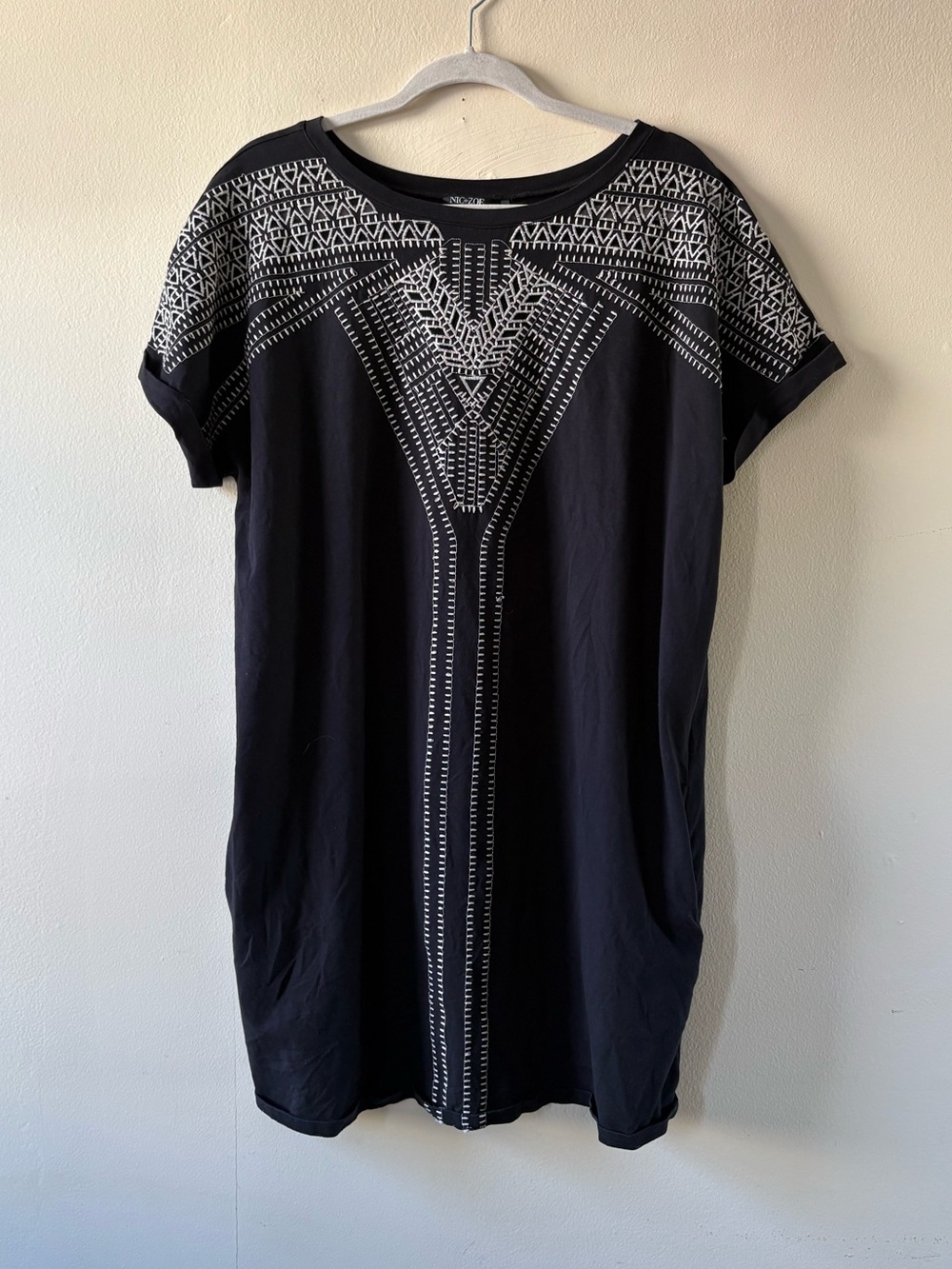 NIC+ZOE Women's Shirt/Tunic Dress- Black, Embroidered, Short Sleeve, Size XL